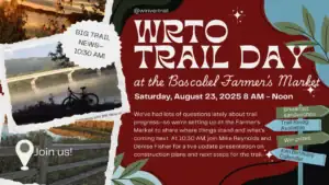 WRTO Trail Day event graphic for August 23, 2025, at the Boscobel Farmer’s Market, featuring big trail news at 10:30 AM, photos of the river and bike, and highlights like breakfast sandwiches, swag, prizes, and birthday calendar sign-up.